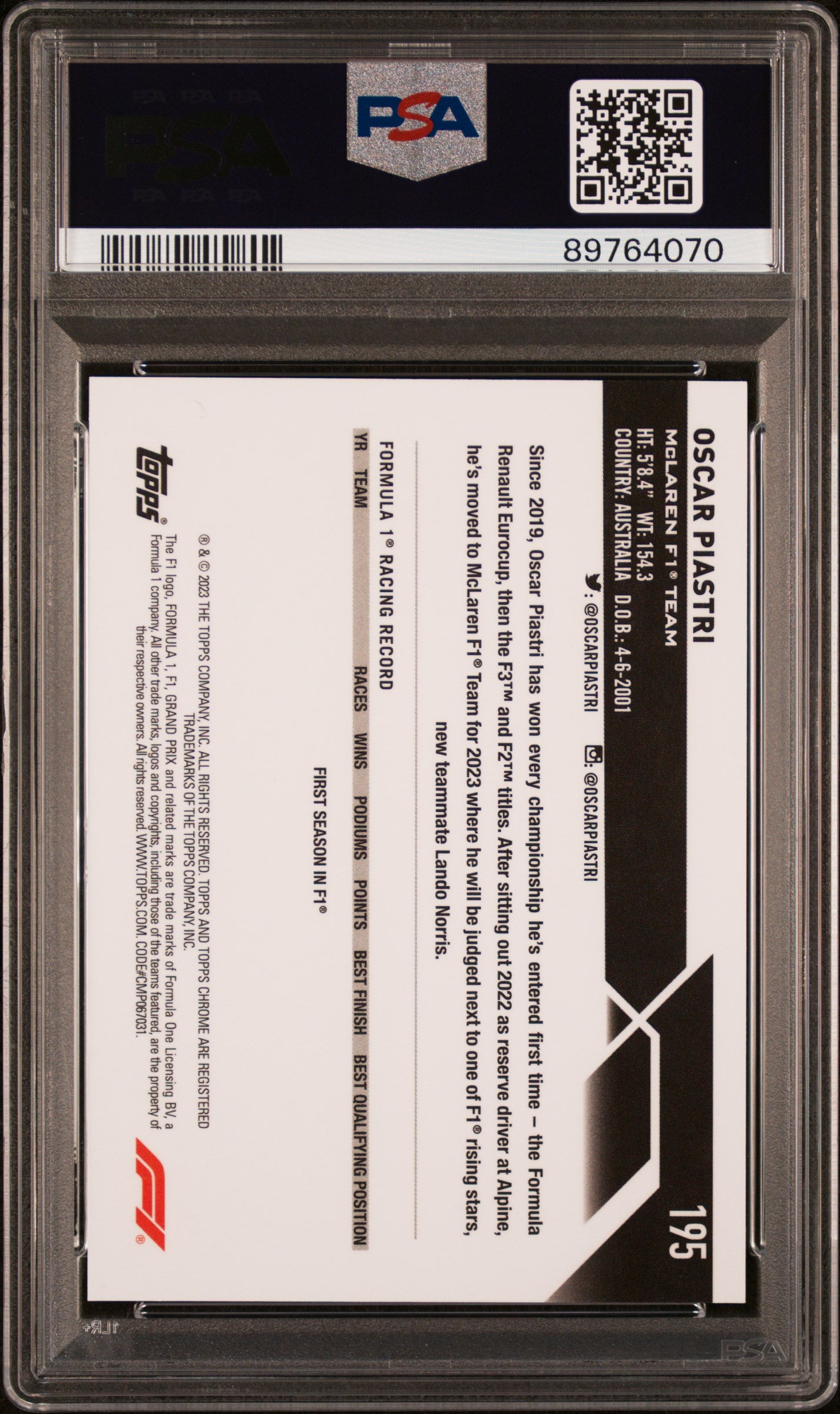 2023 Topps Chrome Oscar Piastri #195 Freshest Red /5 Rookie Card PSA 10