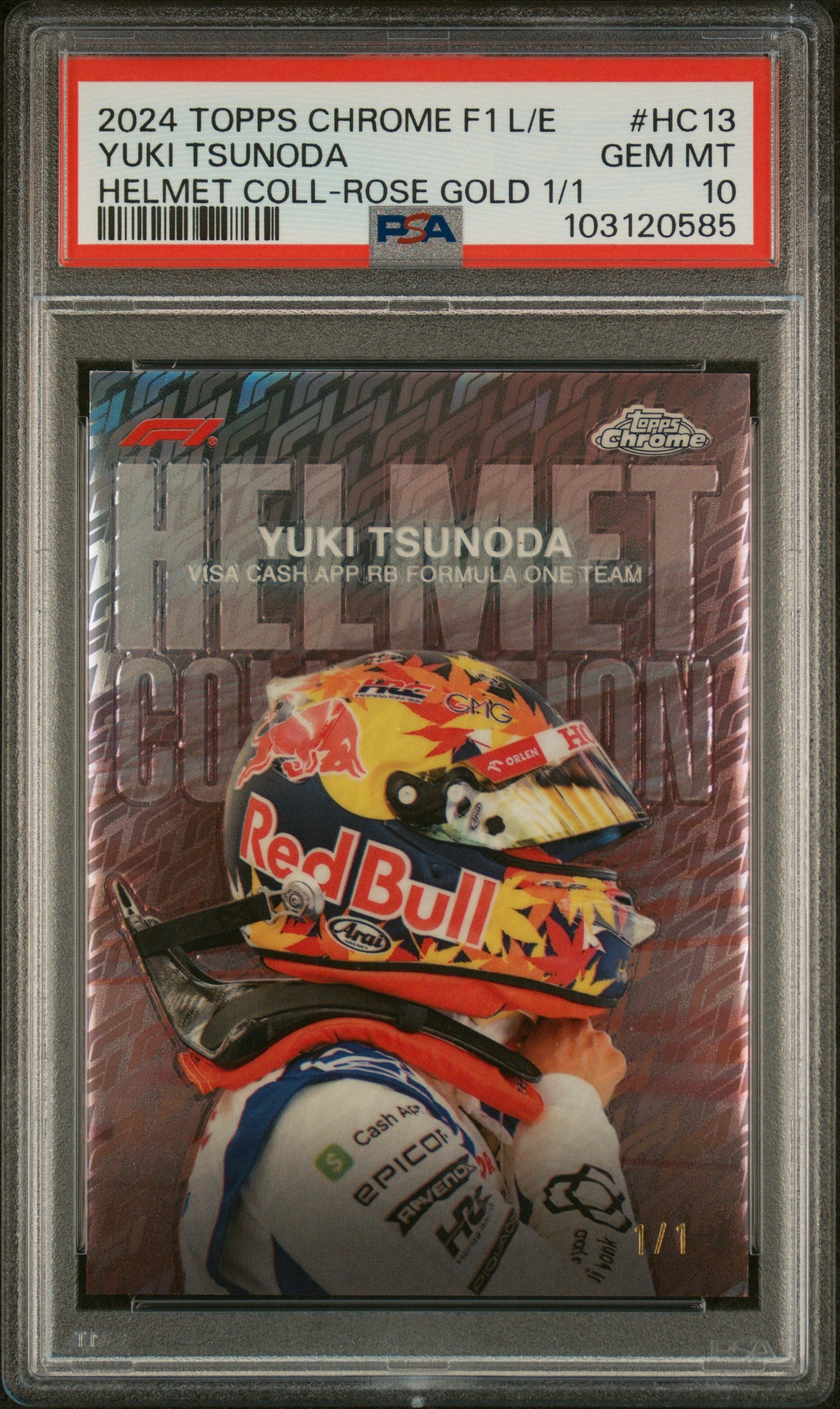 2024 Topps Chrome LogoFractor Yuki Tsunoda Helmet Collection Rose Gold 1/1 PSA 10