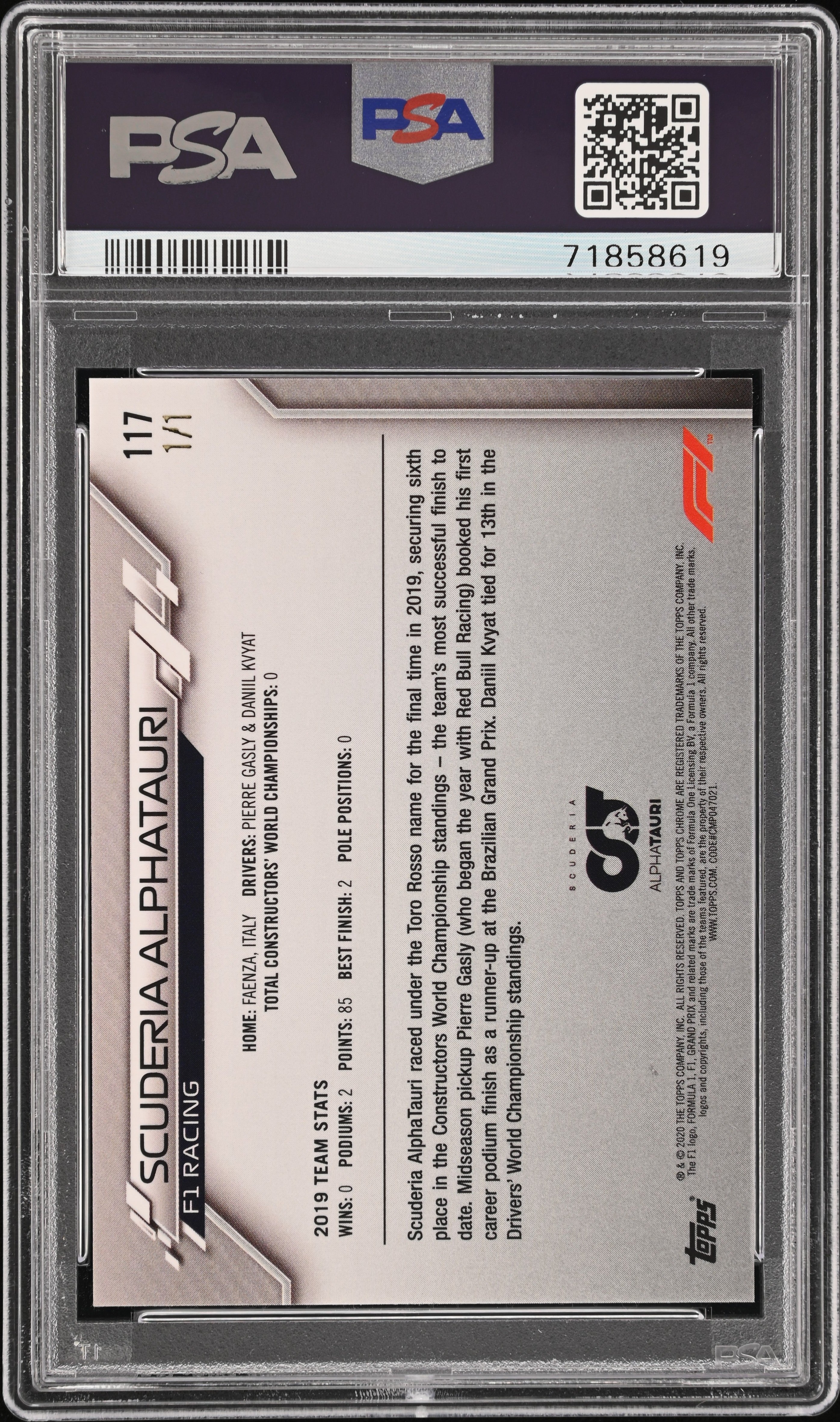 2020 Topps Sapphire Alpha Tauri Logo Padparadscha 1/1 PSA 10