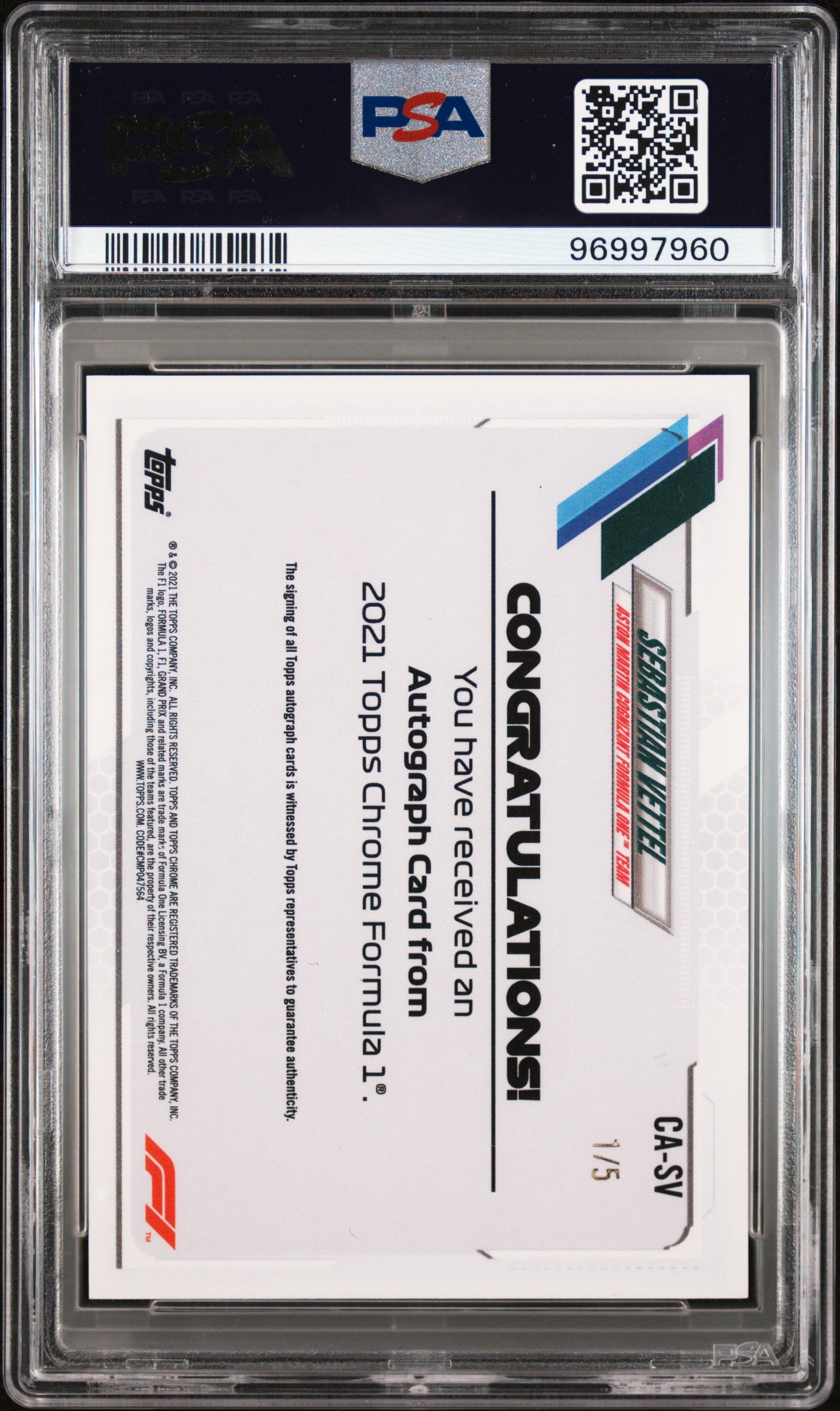 2021 Topps Chrome Sebastian Vettel Autograph Red /5 PSA 9