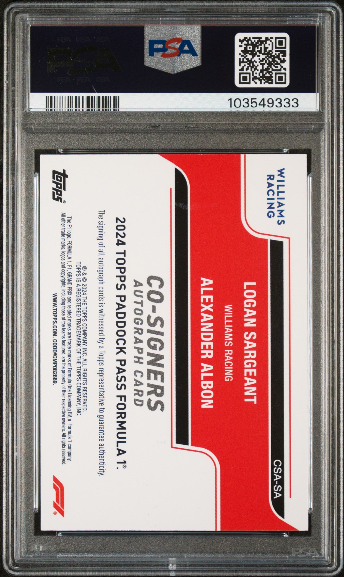 2024 Topps Paddock Pass Alex Albon / Logan Sargeant Williams Co-Signers Auto PSA 10