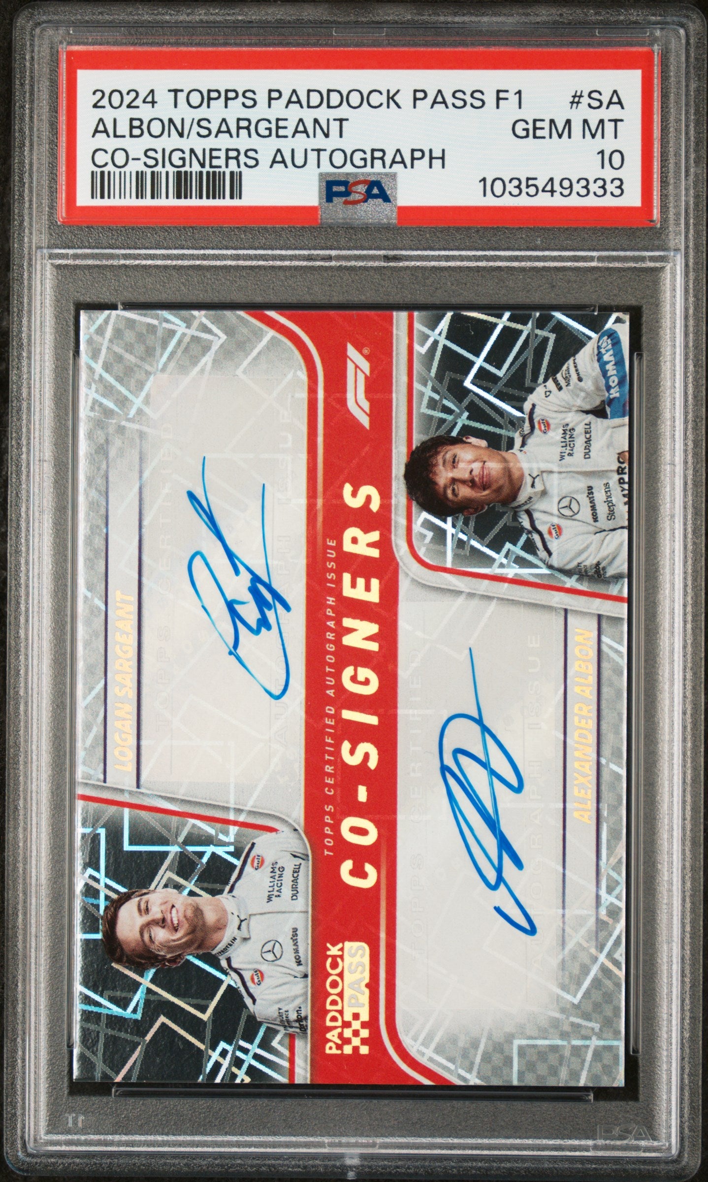 2024 Topps Paddock Pass Alex Albon / Logan Sargeant Williams Co-Signers Auto PSA 10